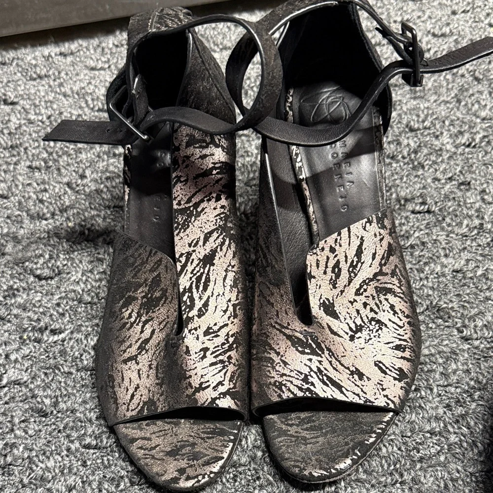 Zero + Maria Cornejo Black and Metallic Taupe Patterned Wedge Sandals